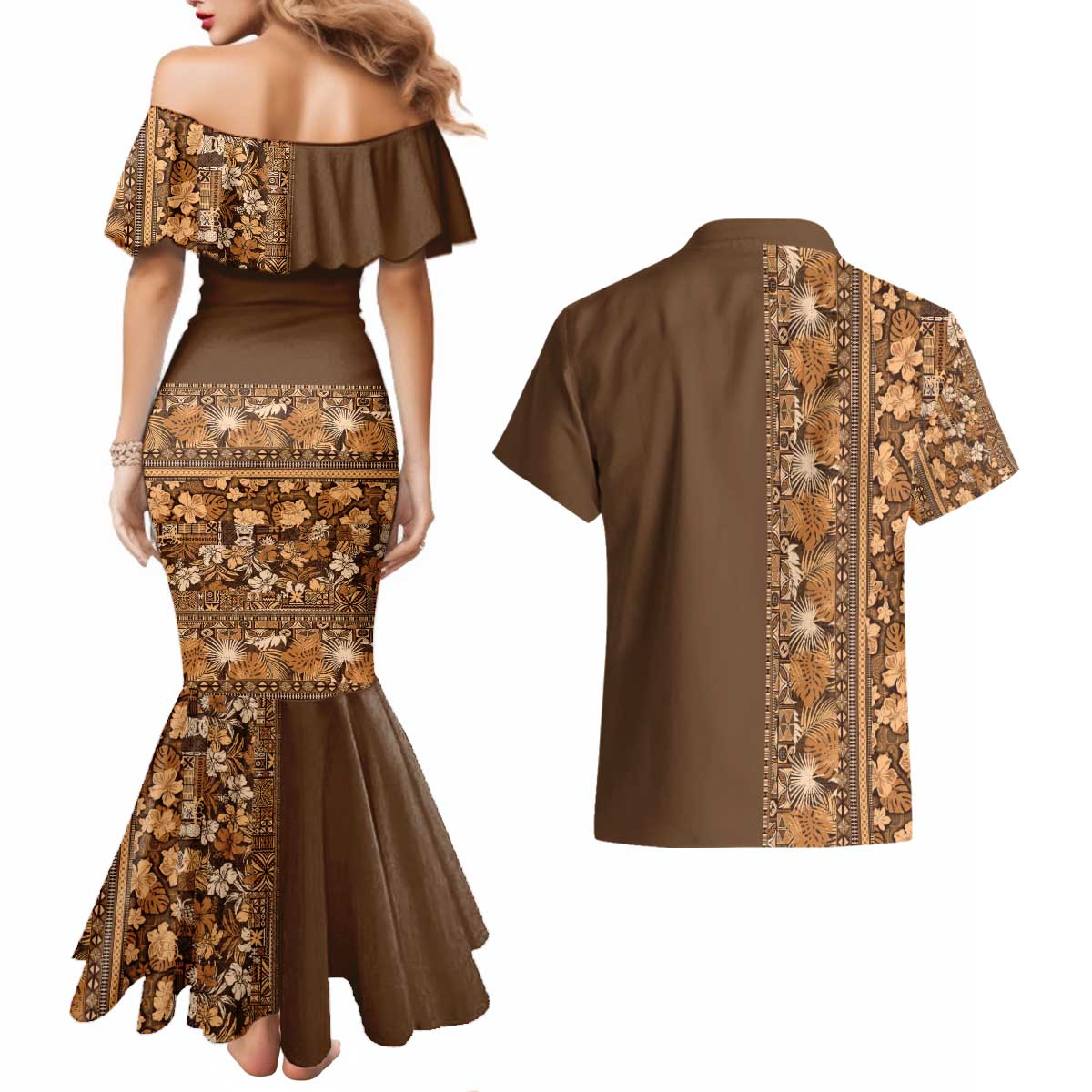 Hawaiian Tribal Elements Hibiscus Couples Matching Mermaid Dress and Hawaiian Shirt Gold Pattern - Polynesian Pride