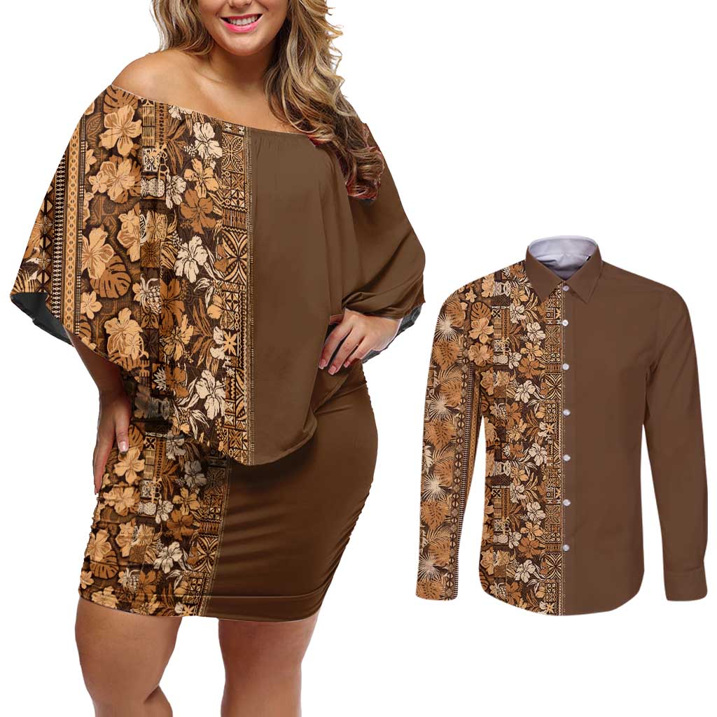 Hawaiian Tribal Elements Hibiscus Couples Matching Off Shoulder Short Dress and Long Sleeve Button Shirt Gold Pattern - Polynesian Pride