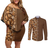 Hawaiian Tribal Elements Hibiscus Couples Matching Off Shoulder Short Dress and Long Sleeve Button Shirt Gold Pattern - Polynesian Pride