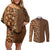 Hawaiian Tribal Elements Hibiscus Couples Matching Off Shoulder Short Dress and Long Sleeve Button Shirt Gold Pattern - Polynesian Pride