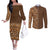 Hawaiian Tribal Elements Hibiscus Couples Matching Off The Shoulder Long Sleeve Dress and Long Sleeve Button Shirt Gold Pattern - Polynesian Pride