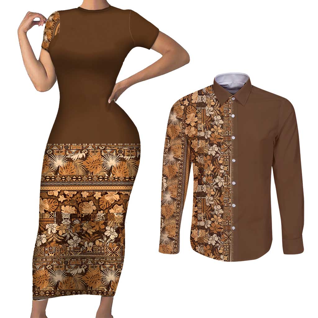 Hawaiian Tribal Elements Hibiscus Couples Matching Short Sleeve Bodycon Dress and Long Sleeve Button Shirt Gold Pattern - Polynesian Pride