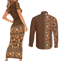 Hawaiian Tribal Elements Hibiscus Couples Matching Short Sleeve Bodycon Dress and Long Sleeve Button Shirt Gold Pattern - Polynesian Pride