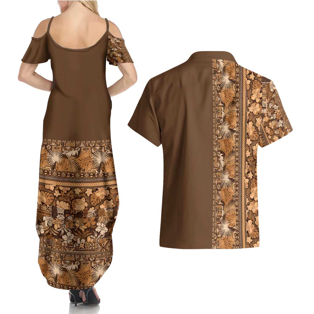 Hawaiian Tribal Elements Hibiscus Couples Matching Summer Maxi Dress and Hawaiian Shirt Gold Pattern - Polynesian Pride