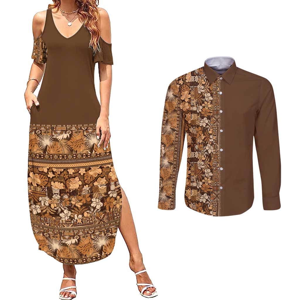 Hawaiian Tribal Elements Hibiscus Couples Matching Summer Maxi Dress and Long Sleeve Button Shirt Gold Pattern - Polynesian Pride
