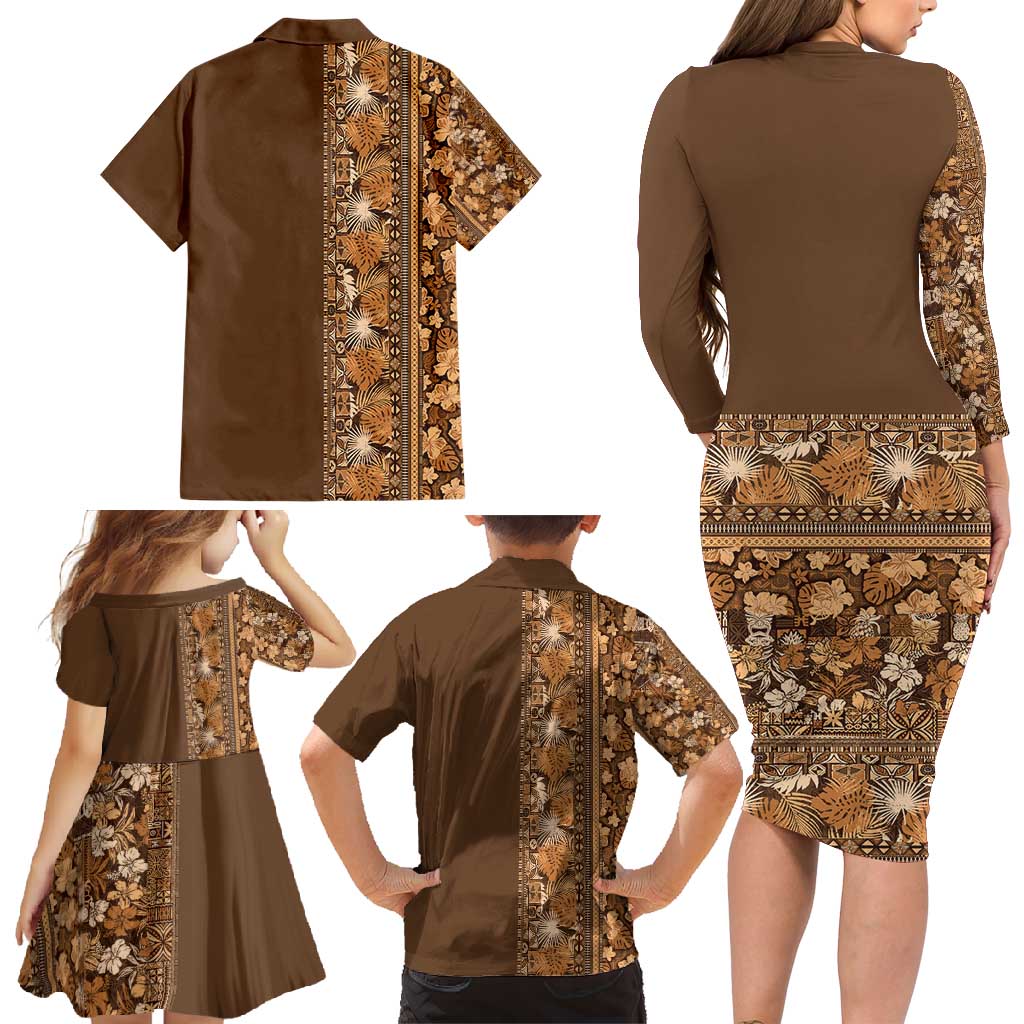 Hawaiian Tribal Elements Hibiscus Family Matching Long Sleeve Bodycon Dress and Hawaiian Shirt Gold Pattern - Polynesian Pride