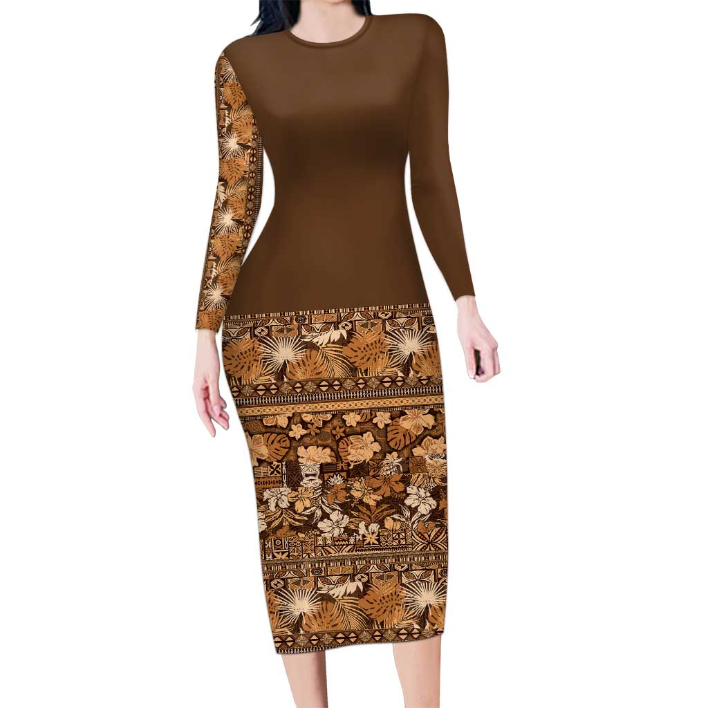 Hawaiian Tribal Elements Hibiscus Family Matching Long Sleeve Bodycon Dress and Hawaiian Shirt Gold Pattern - Polynesian Pride