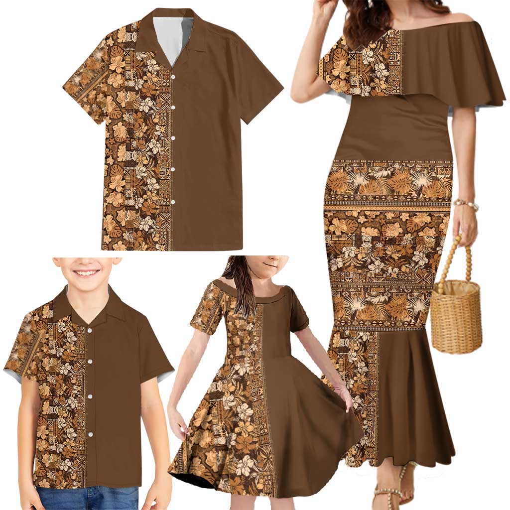 Hawaiian Tribal Elements Hibiscus Family Matching Mermaid Dress and Hawaiian Shirt Gold Pattern - Polynesian Pride