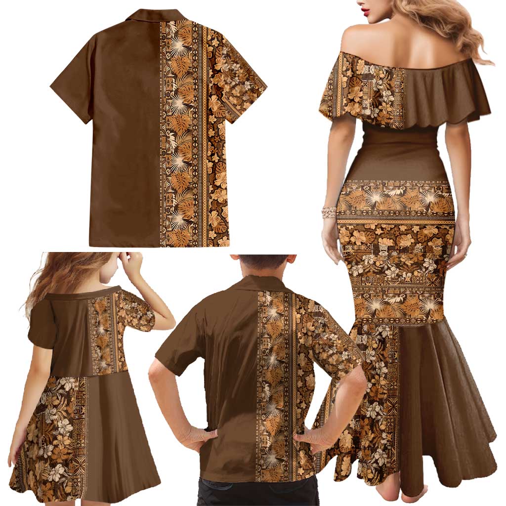 Hawaiian Tribal Elements Hibiscus Family Matching Mermaid Dress and Hawaiian Shirt Gold Pattern - Polynesian Pride