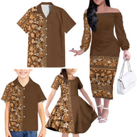 Hawaiian Tribal Elements Hibiscus Family Matching Off The Shoulder Long Sleeve Dress and Hawaiian Shirt Gold Pattern - Polynesian Pride