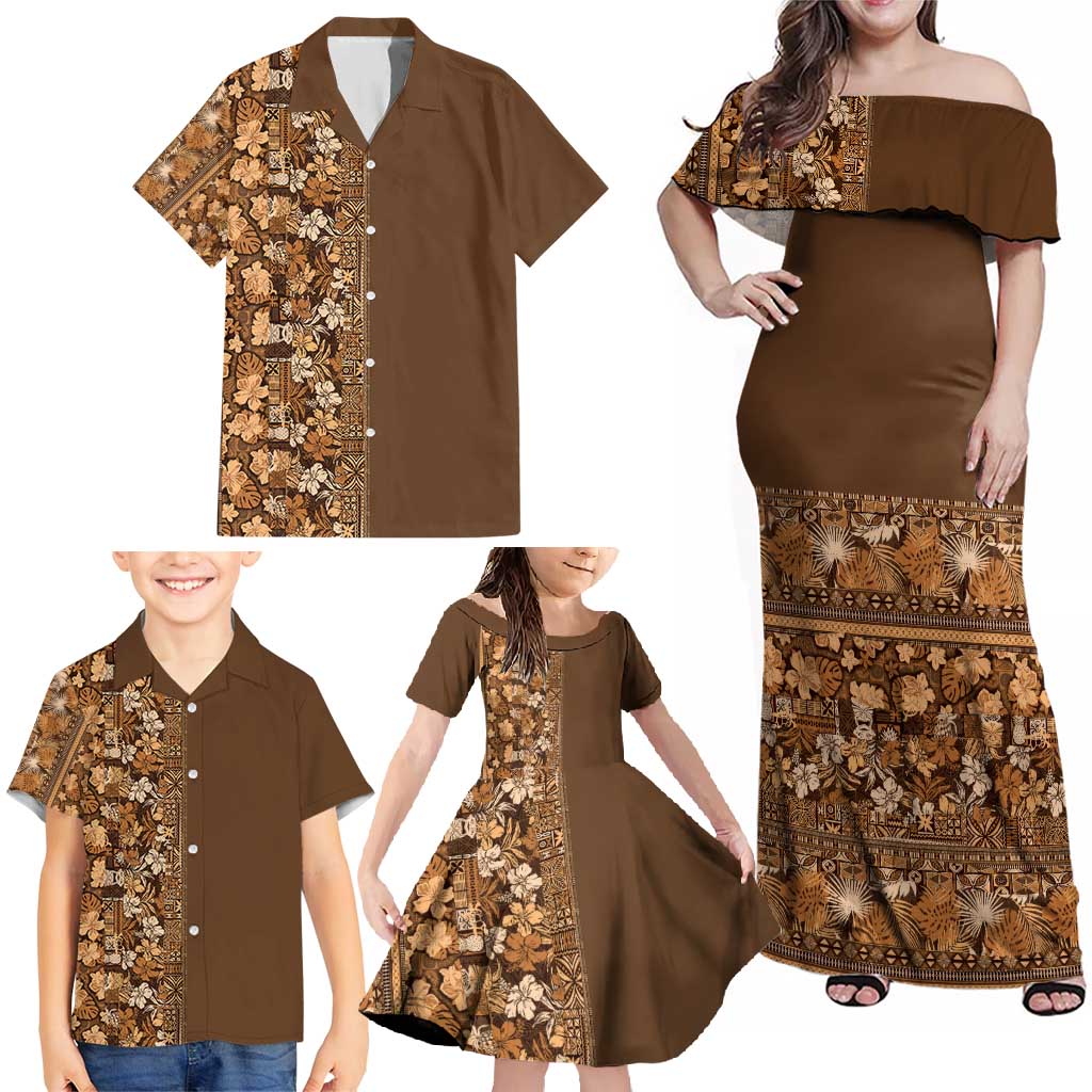 Hawaiian Tribal Elements Hibiscus Family Matching Off Shoulder Maxi Dress and Hawaiian Shirt Gold Pattern - Polynesian Pride