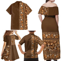 Hawaiian Tribal Elements Hibiscus Family Matching Off Shoulder Maxi Dress and Hawaiian Shirt Gold Pattern - Polynesian Pride