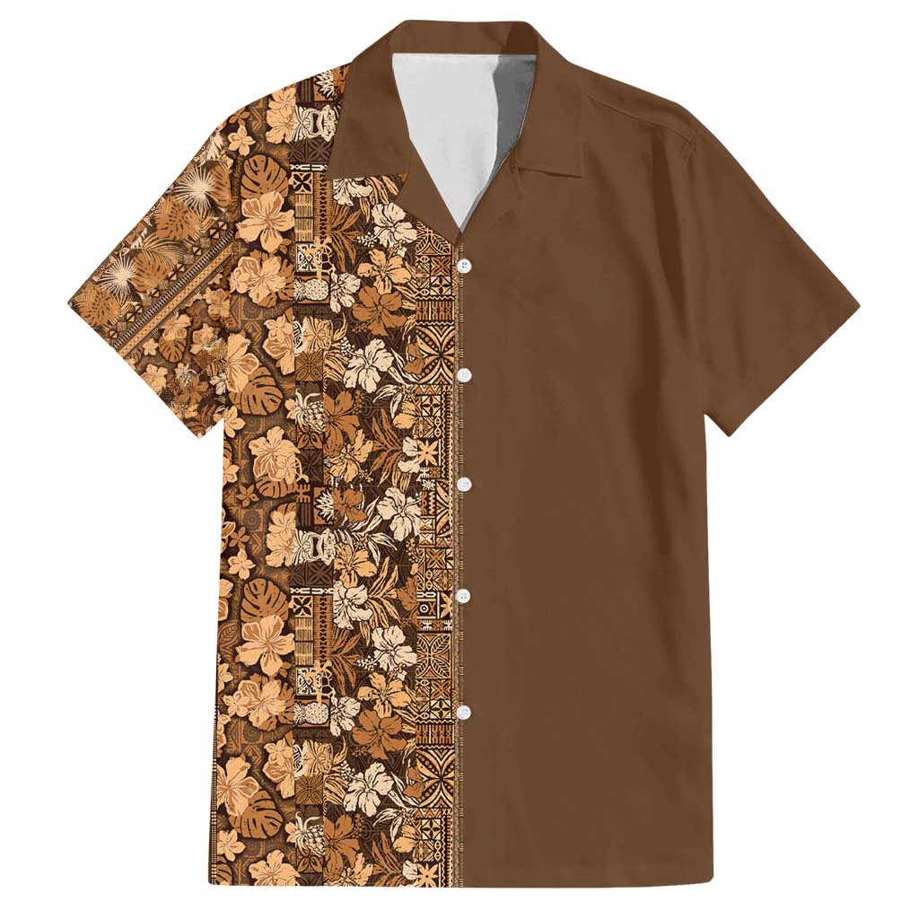 Hawaiian Tribal Elements Hibiscus Family Matching Off Shoulder Short Dress and Hawaiian Shirt Gold Pattern LT9 Dad's Shirt - Short Sleeve Gold - Polynesian Pride