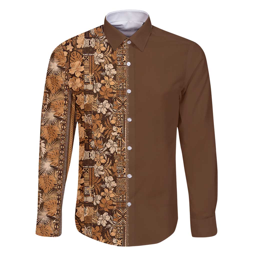 Hawaiian Tribal Elements Hibiscus Family Matching Off Shoulder Short Dress and Hawaiian Shirt Gold Pattern LT9 Dad's Shirt - Long Sleeve Gold - Polynesian Pride