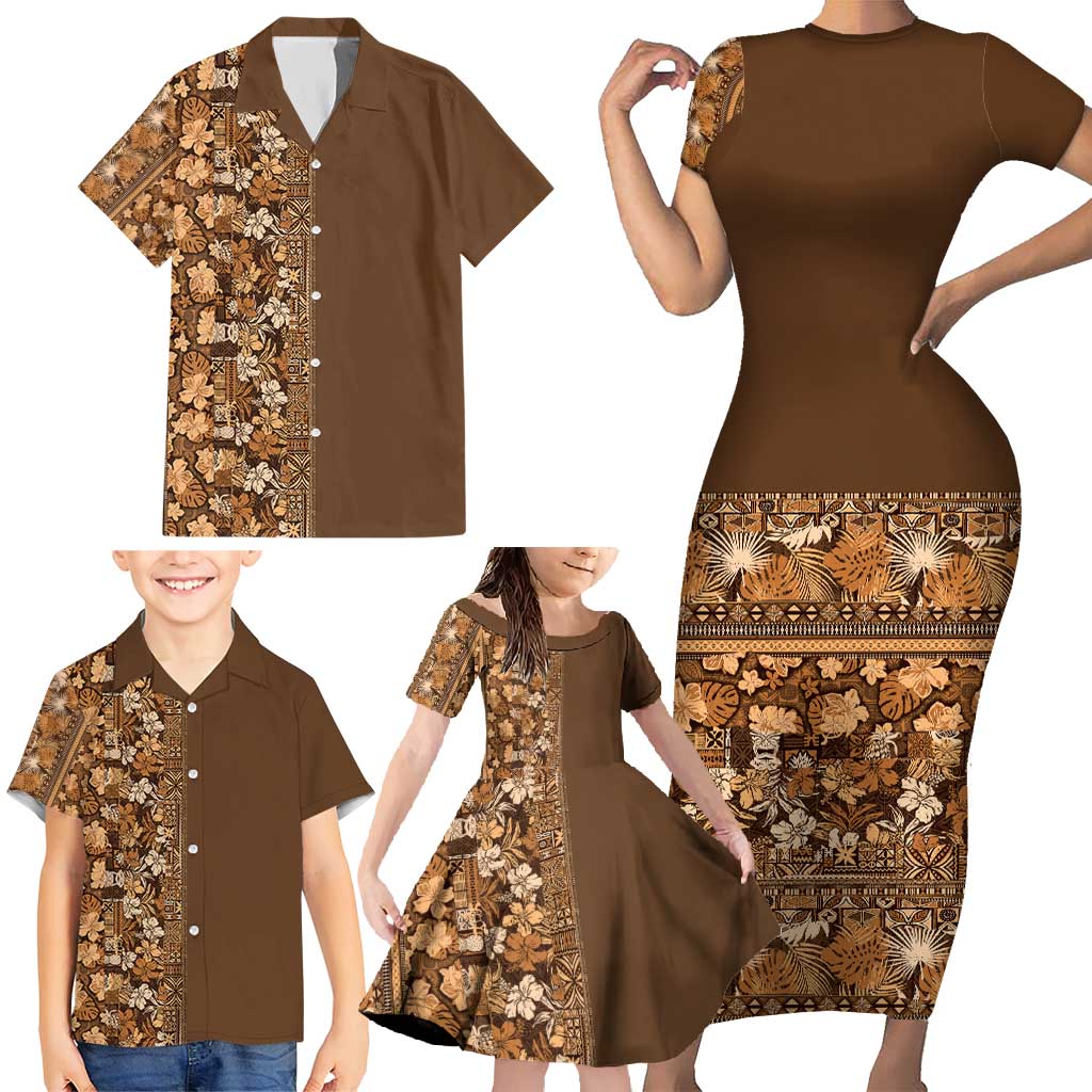 Hawaiian Tribal Elements Hibiscus Family Matching Short Sleeve Bodycon Dress and Hawaiian Shirt Gold Pattern - Polynesian Pride