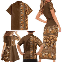 Hawaiian Tribal Elements Hibiscus Family Matching Short Sleeve Bodycon Dress and Hawaiian Shirt Gold Pattern - Polynesian Pride