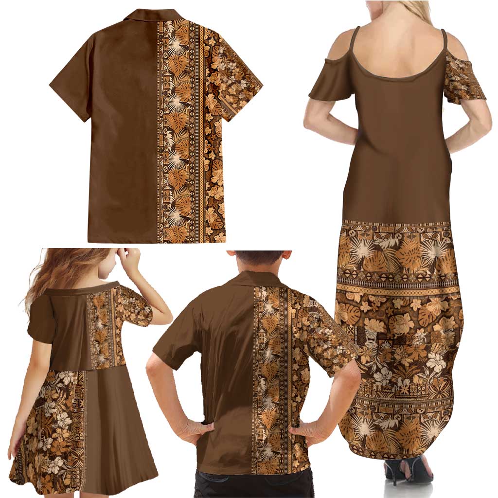 Hawaiian Tribal Elements Hibiscus Family Matching Summer Maxi Dress and Hawaiian Shirt Gold Pattern - Polynesian Pride