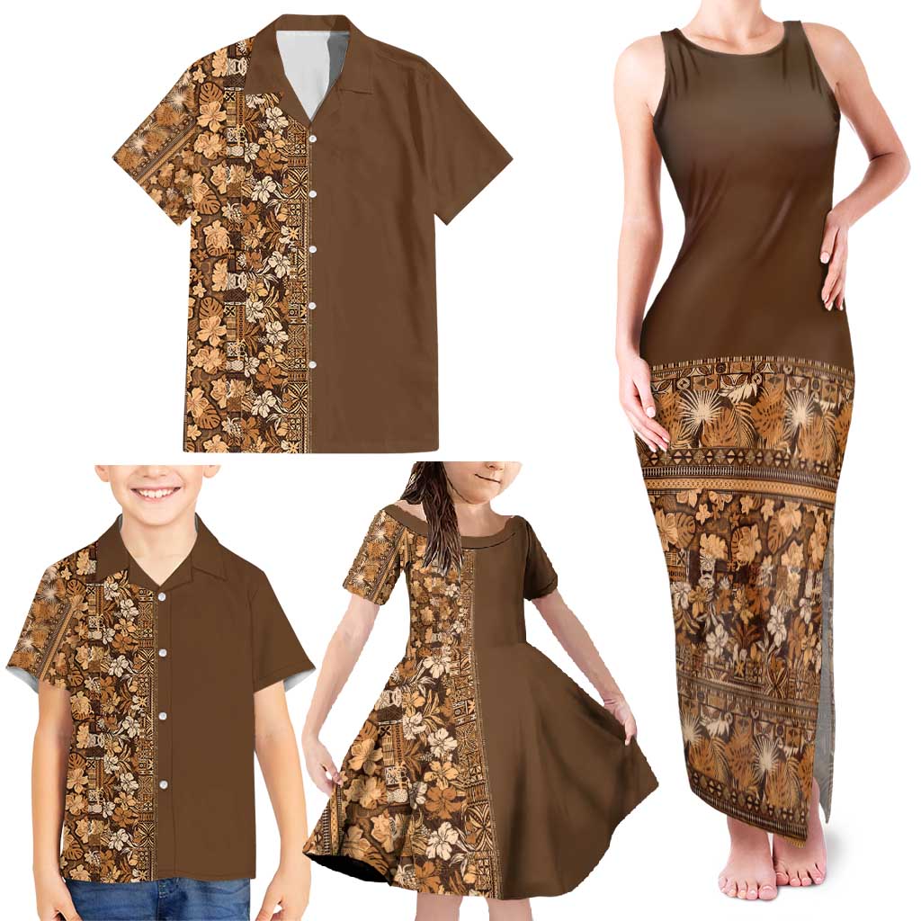 Hawaiian Tribal Elements Hibiscus Family Matching Tank Maxi Dress and Hawaiian Shirt Gold Pattern - Polynesian Pride