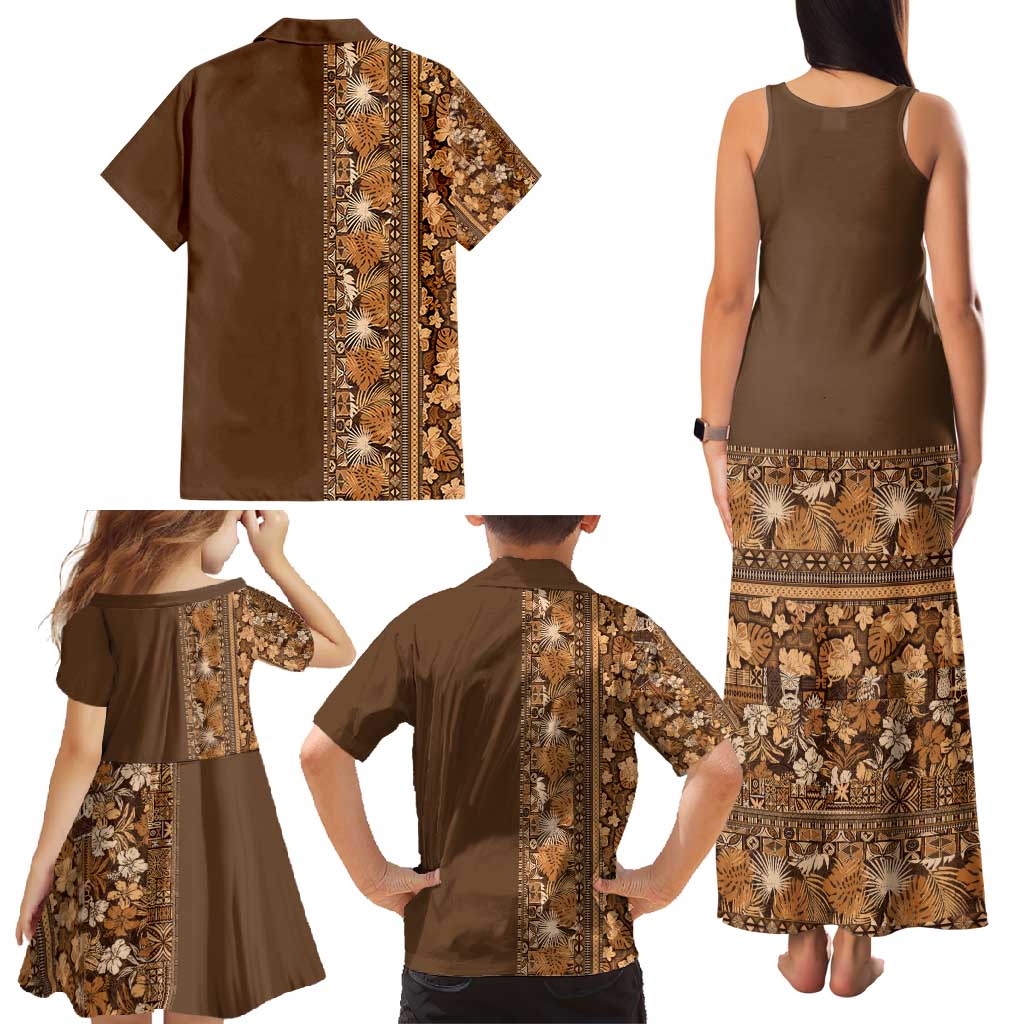 Hawaiian Tribal Elements Hibiscus Family Matching Tank Maxi Dress and Hawaiian Shirt Gold Pattern - Polynesian Pride