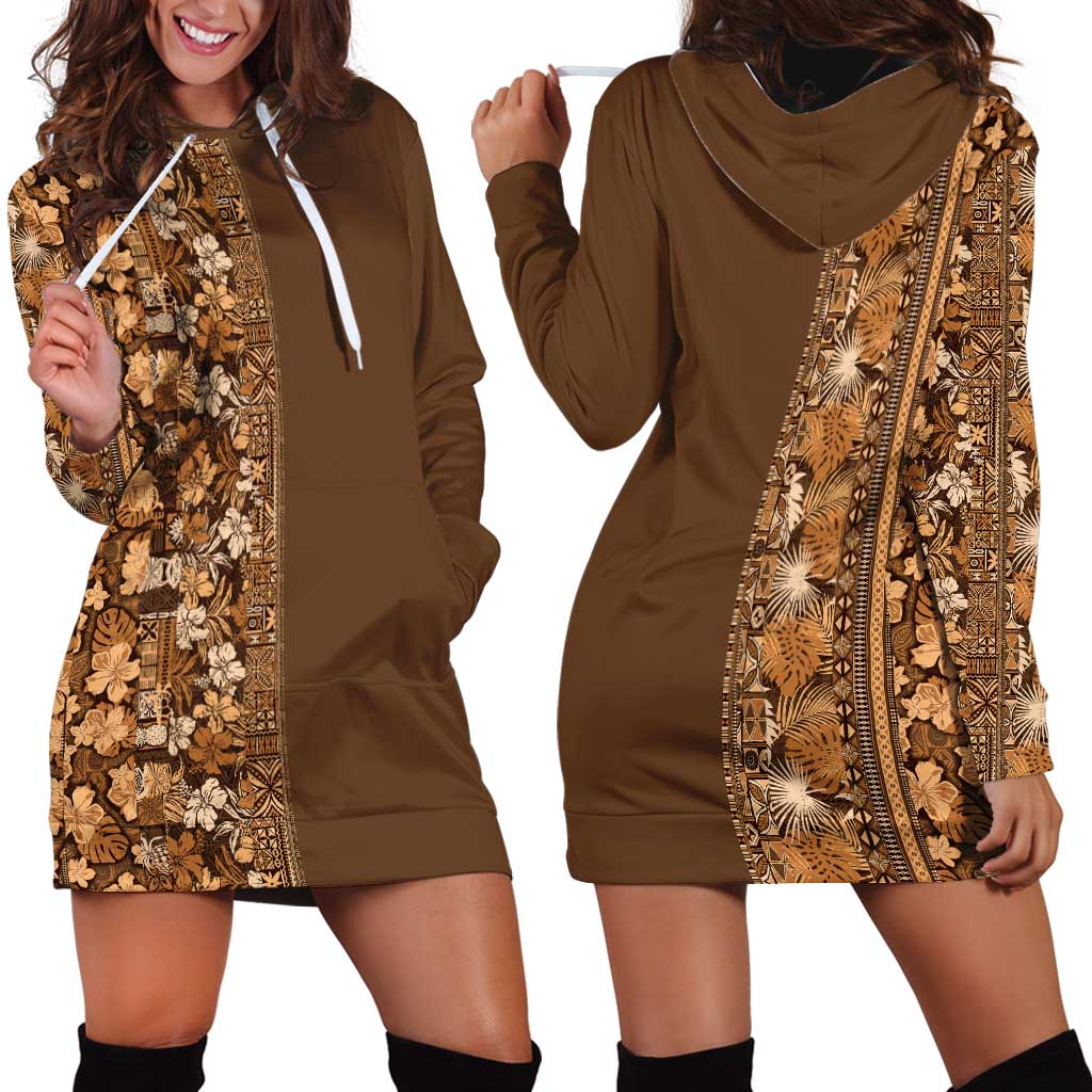 Hawaiian Tribal Elements Hibiscus Hoodie Dress Gold Pattern - Polynesian Pride
