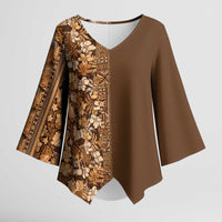 Hawaiian Tribal Elements Hibiscus Kimono Sleeve Blouse Gold Pattern - Polynesian Pride