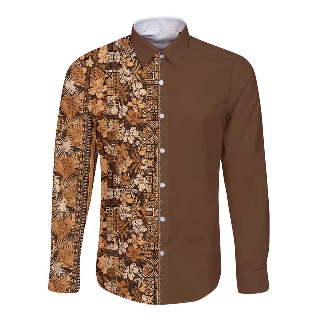 Hawaiian Tribal Elements Hibiscus Long Sleeve Button Shirt Gold Pattern - Polynesian Pride