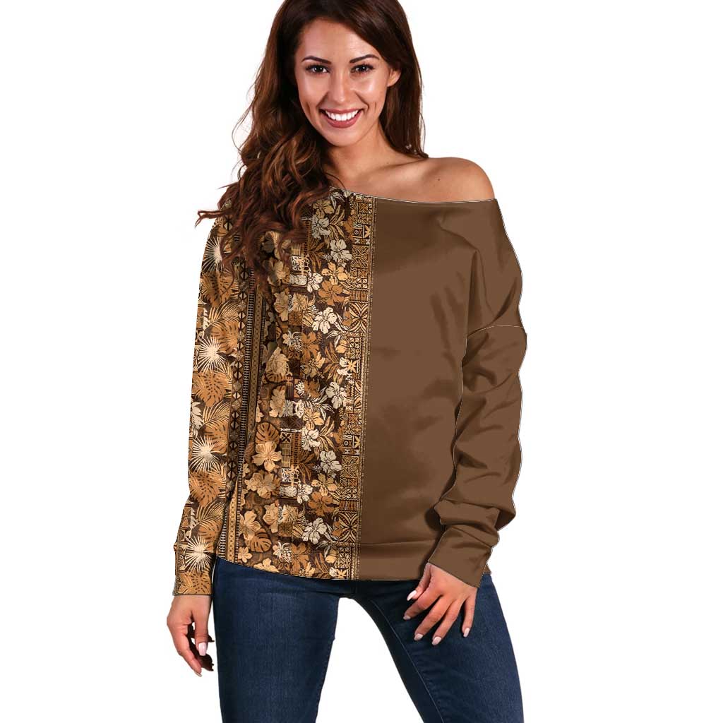 Hawaiian Tribal Elements Hibiscus Off Shoulder Sweater Gold Pattern - Polynesian Pride