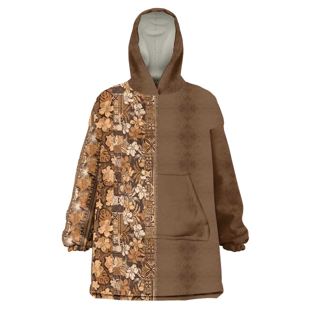Hawaiian Tribal Elements Hibiscus Wearable Blanket Hoodie Gold Pattern - Polynesian Pride