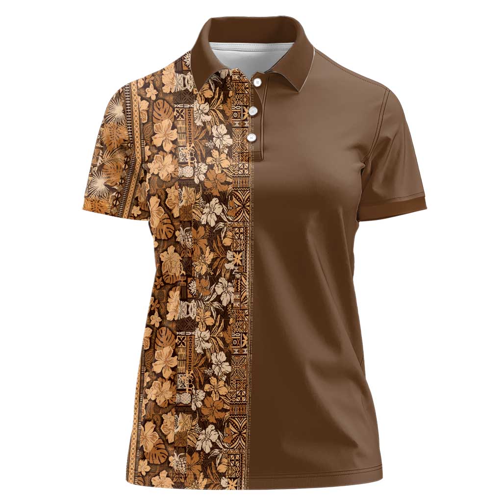 Hawaiian Tribal Elements Hibiscus Women Polo Shirt Gold Pattern - Polynesian Pride