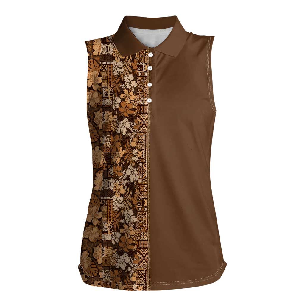 Hawaiian Tribal Elements Hibiscus Women Sleeveless Polo Shirt Gold Pattern - Polynesian Pride