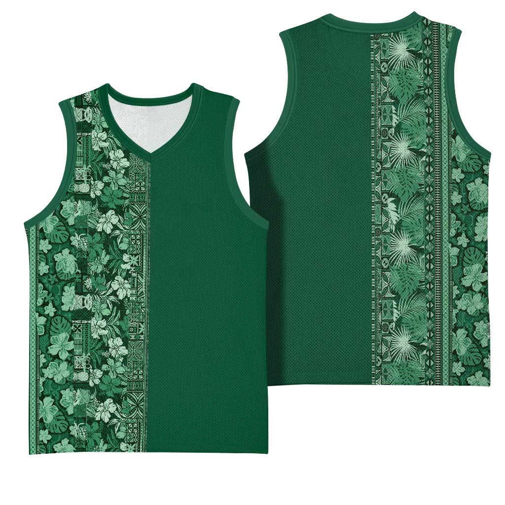 Hawaiian Tribal Elements Hibiscus Basketball Jersey Green Pattern LT9 - Polynesian Pride