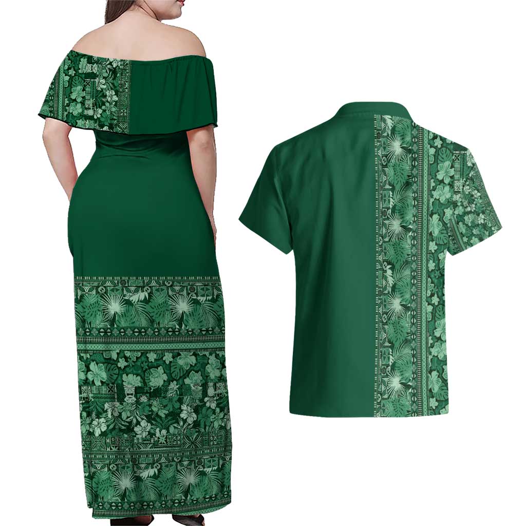 Hawaiian Tribal Elements Hibiscus Couples Matching Off Shoulder Maxi Dress and Hawaiian Shirt Green Pattern - Polynesian Pride