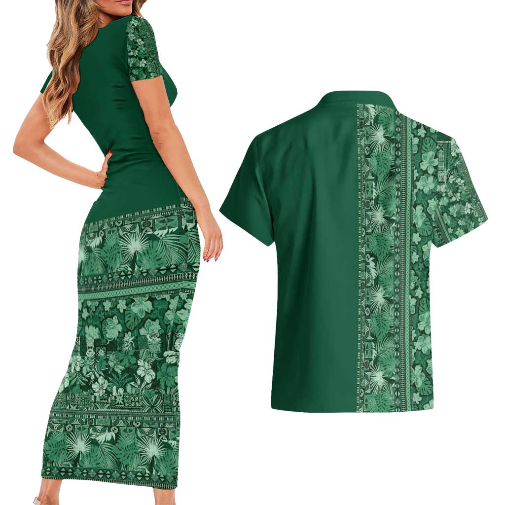 Hawaiian Tribal Elements Hibiscus Couples Matching Short Sleeve Bodycon Dress and Hawaiian Shirt Green Pattern - Polynesian Pride