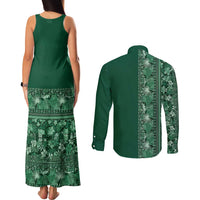 Hawaiian Tribal Elements Hibiscus Couples Matching Tank Maxi Dress and Long Sleeve Button Shirt Green Pattern - Polynesian Pride