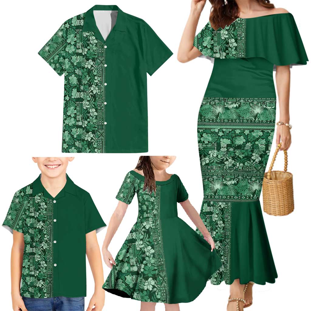 Hawaiian Tribal Elements Hibiscus Family Matching Mermaid Dress and Hawaiian Shirt Green Pattern - Polynesian Pride