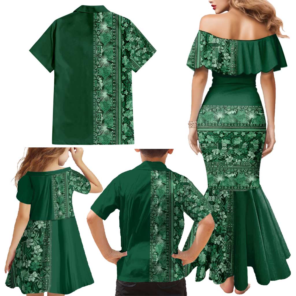 Hawaiian Tribal Elements Hibiscus Family Matching Mermaid Dress and Hawaiian Shirt Green Pattern - Polynesian Pride