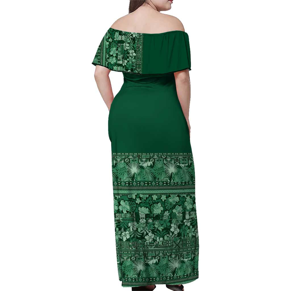 Hawaiian Tribal Elements Hibiscus Family Matching Off Shoulder Maxi Dress and Hawaiian Shirt Green Pattern - Polynesian Pride