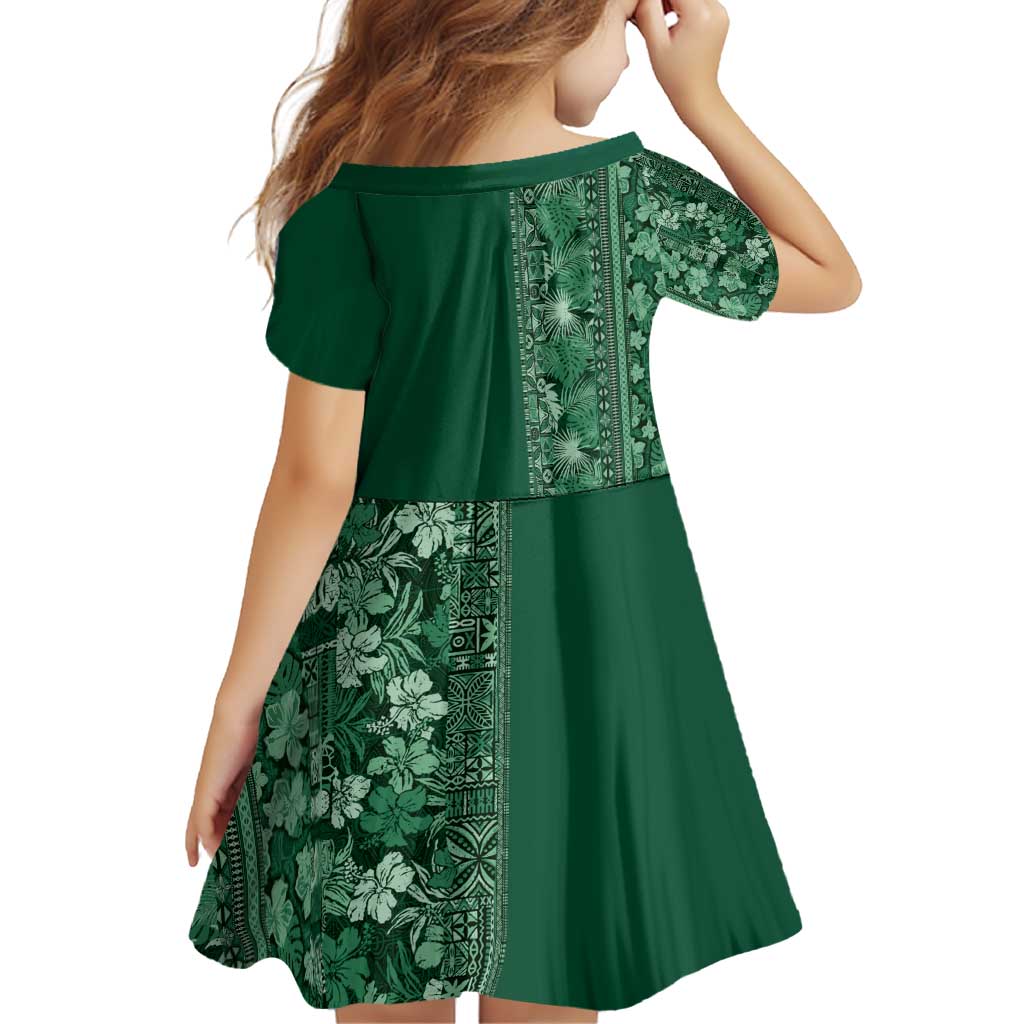 Hawaiian Tribal Elements Hibiscus Family Matching Off Shoulder Short Dress and Hawaiian Shirt Green Pattern LT9 - Polynesian Pride