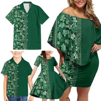 Hawaiian Tribal Elements Hibiscus Family Matching Off Shoulder Short Dress and Hawaiian Shirt Green Pattern LT9 - Polynesian Pride