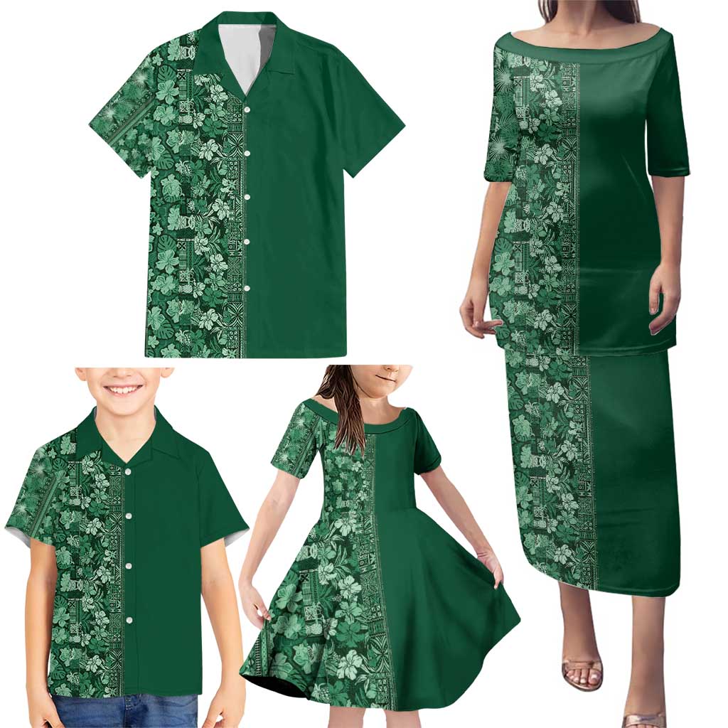 Hawaiian Tribal Elements Hibiscus Family Matching Puletasi and Hawaiian Shirt Green Pattern - Polynesian Pride