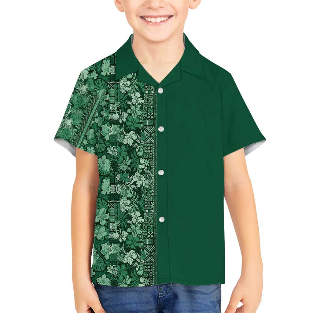Hawaiian Tribal Elements Hibiscus Family Matching Puletasi and Hawaiian Shirt Green Pattern - Polynesian Pride