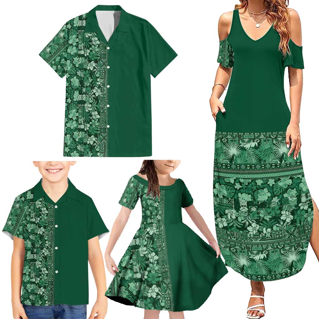 Hawaiian Tribal Elements Hibiscus Family Matching Summer Maxi Dress and Hawaiian Shirt Green Pattern - Polynesian Pride