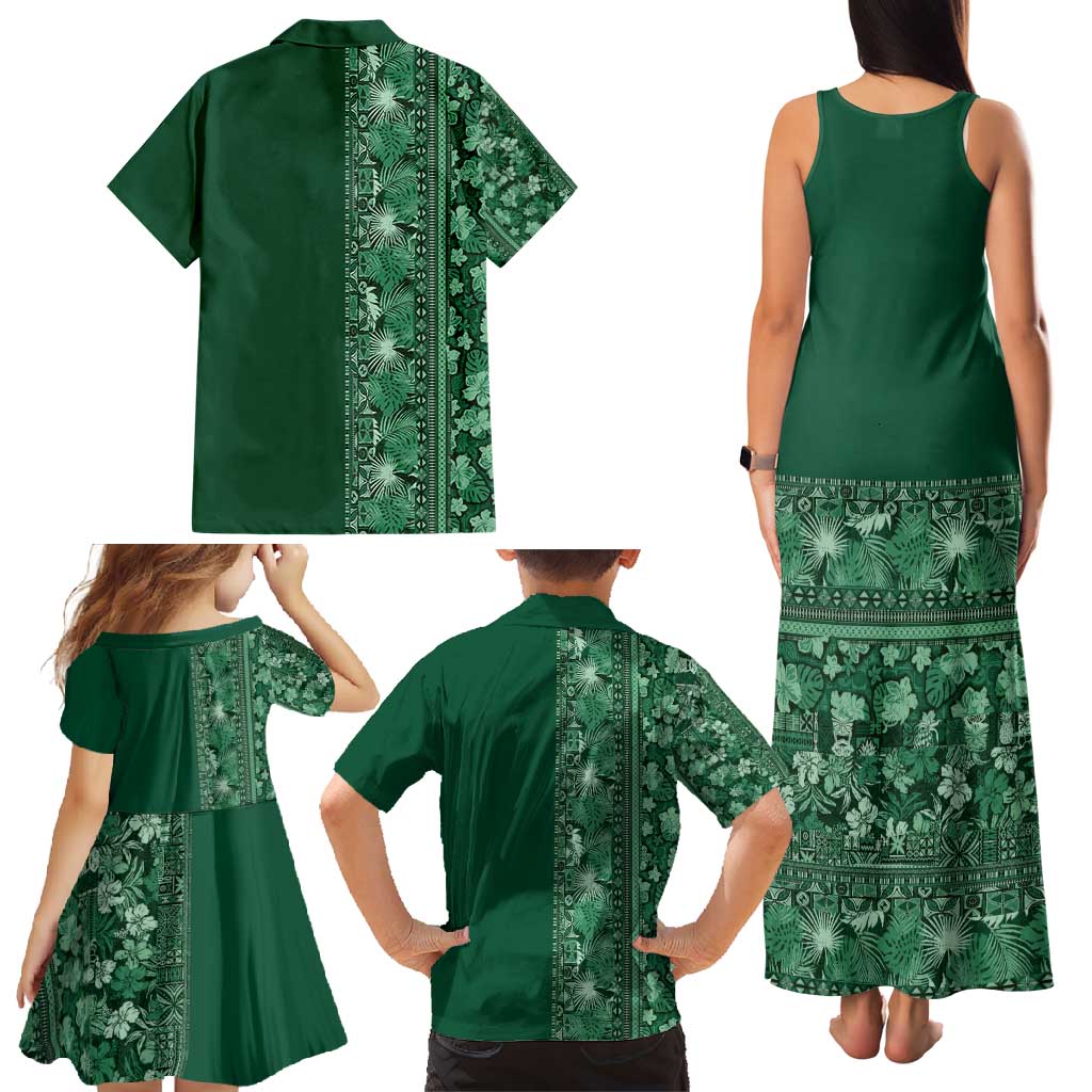 Hawaiian Tribal Elements Hibiscus Family Matching Tank Maxi Dress and Hawaiian Shirt Green Pattern - Polynesian Pride