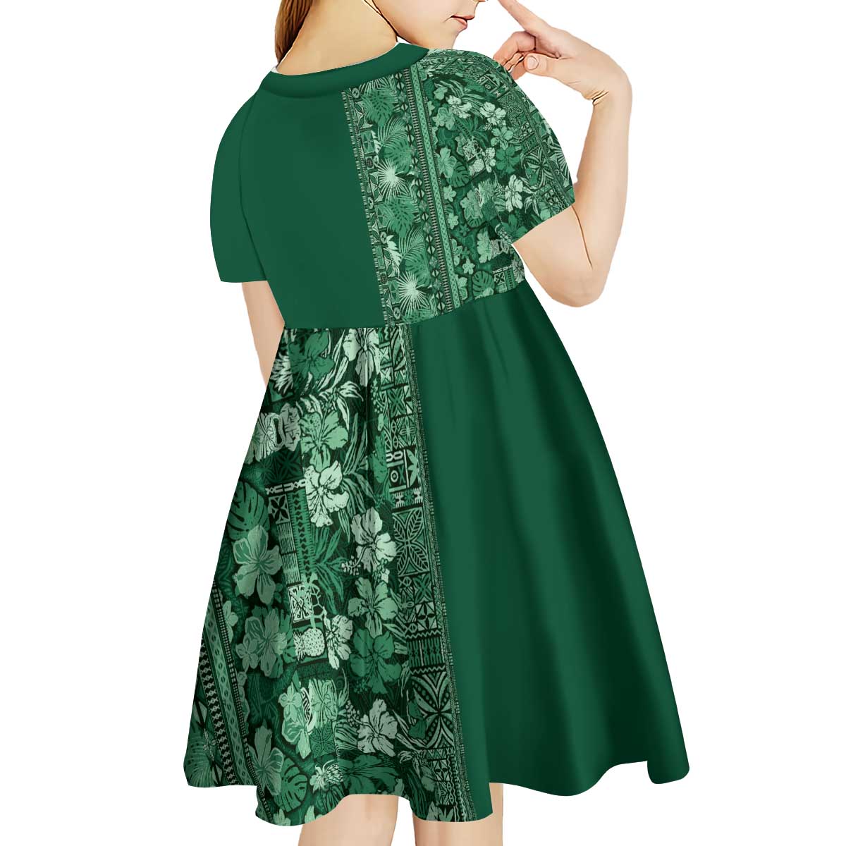 Hawaiian Tribal Elements Hibiscus Kid Short Sleeve Dress Green Pattern - Polynesian Pride