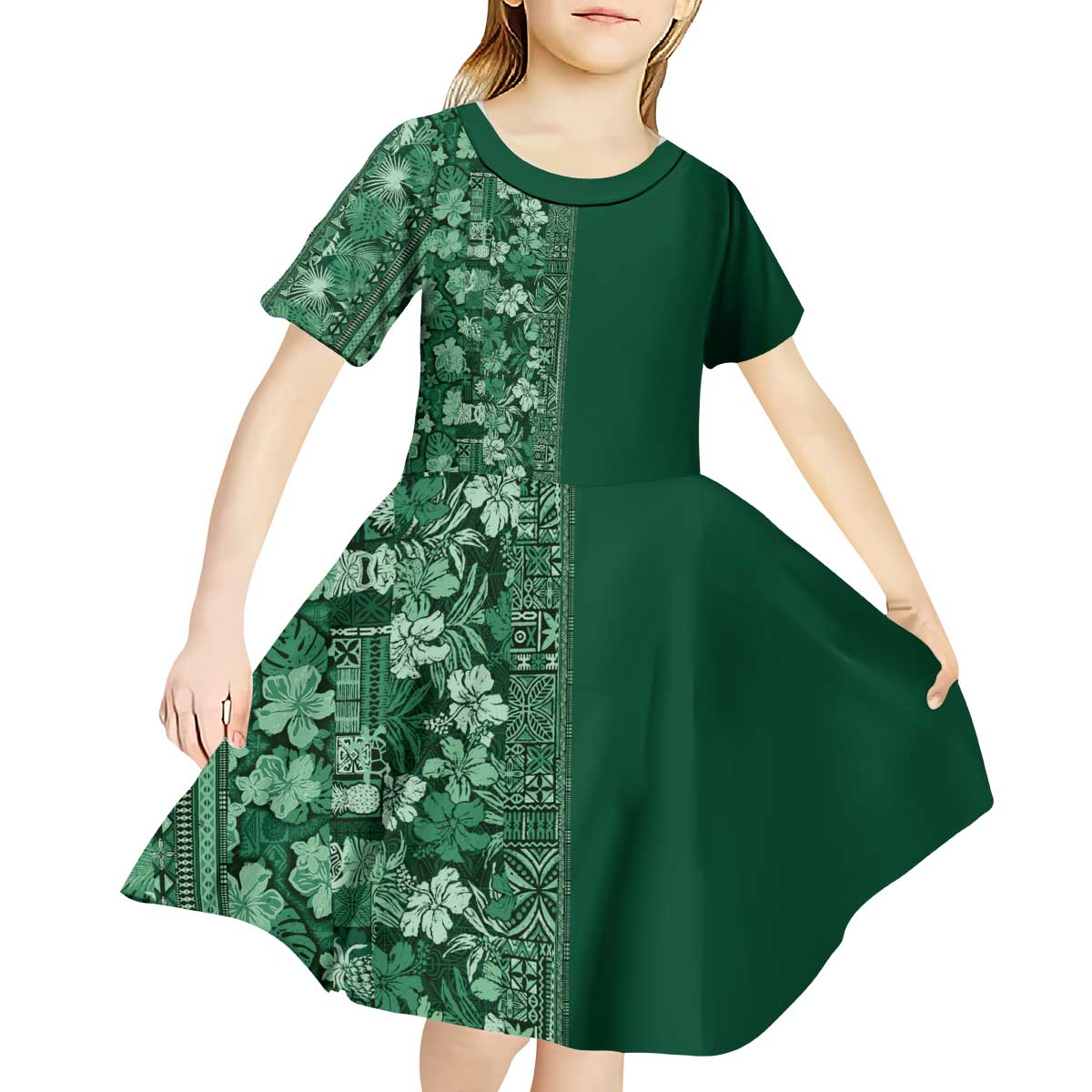 Hawaiian Tribal Elements Hibiscus Kid Short Sleeve Dress Green Pattern - Polynesian Pride