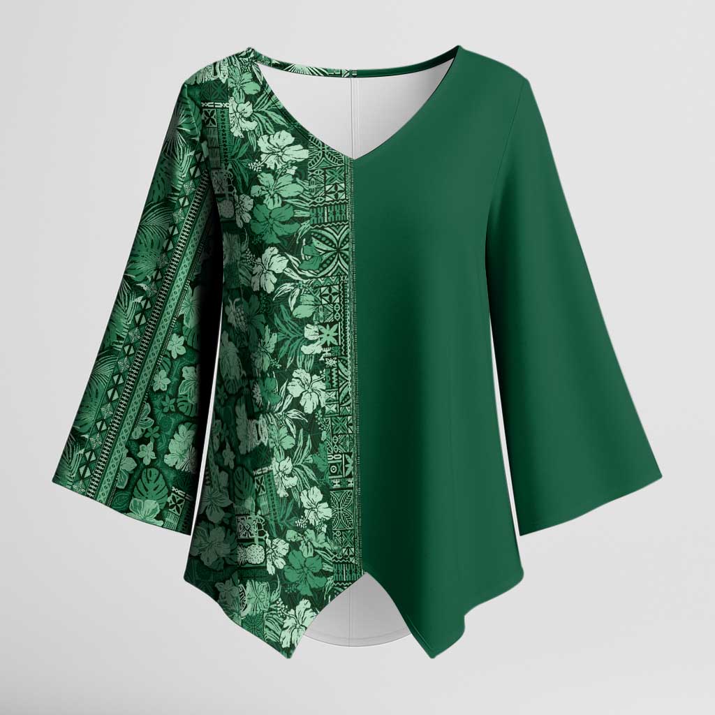 Hawaiian Tribal Elements Hibiscus Kimono Sleeve Blouse Green Pattern - Polynesian Pride