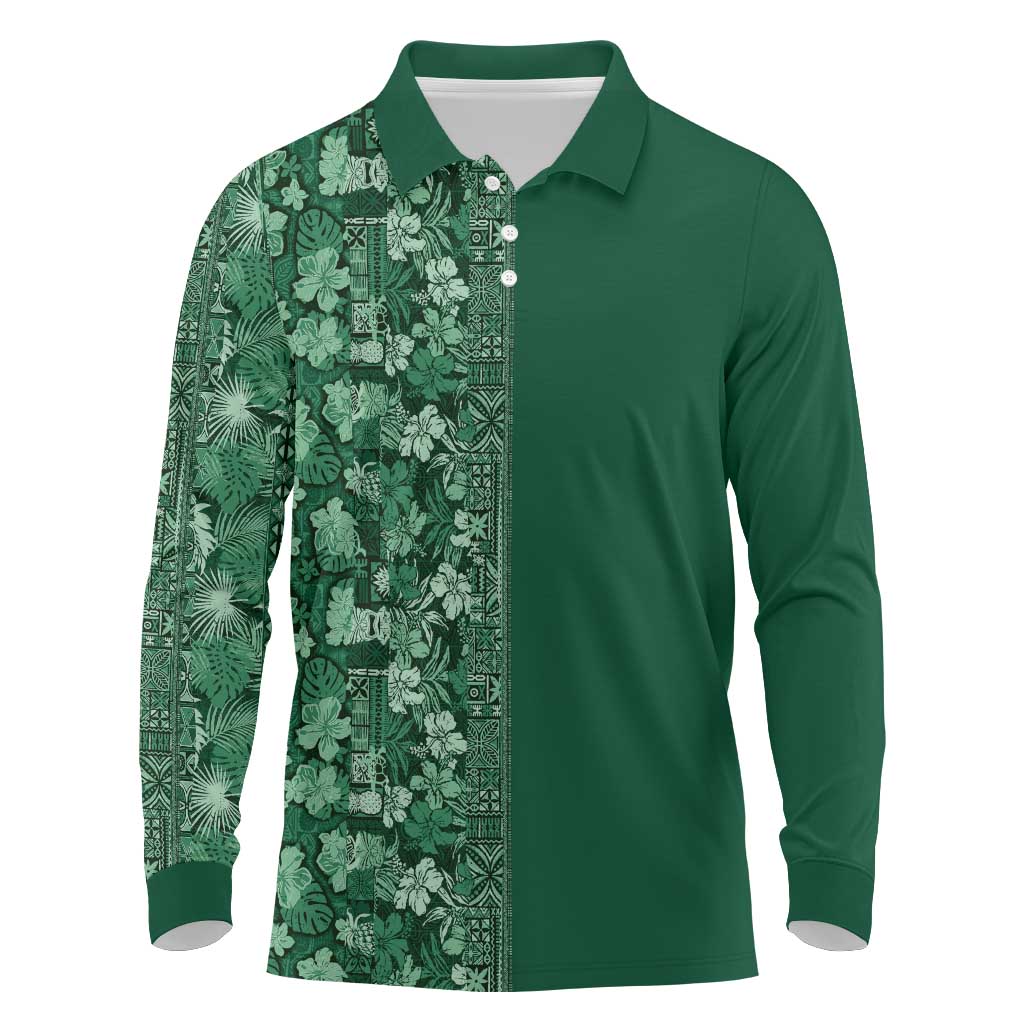 Hawaiian Tribal Elements Hibiscus Long Sleeve Polo Shirt Green Pattern - Polynesian Pride