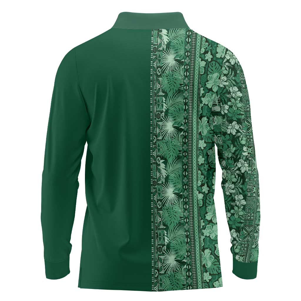 Hawaiian Tribal Elements Hibiscus Long Sleeve Polo Shirt Green Pattern - Polynesian Pride