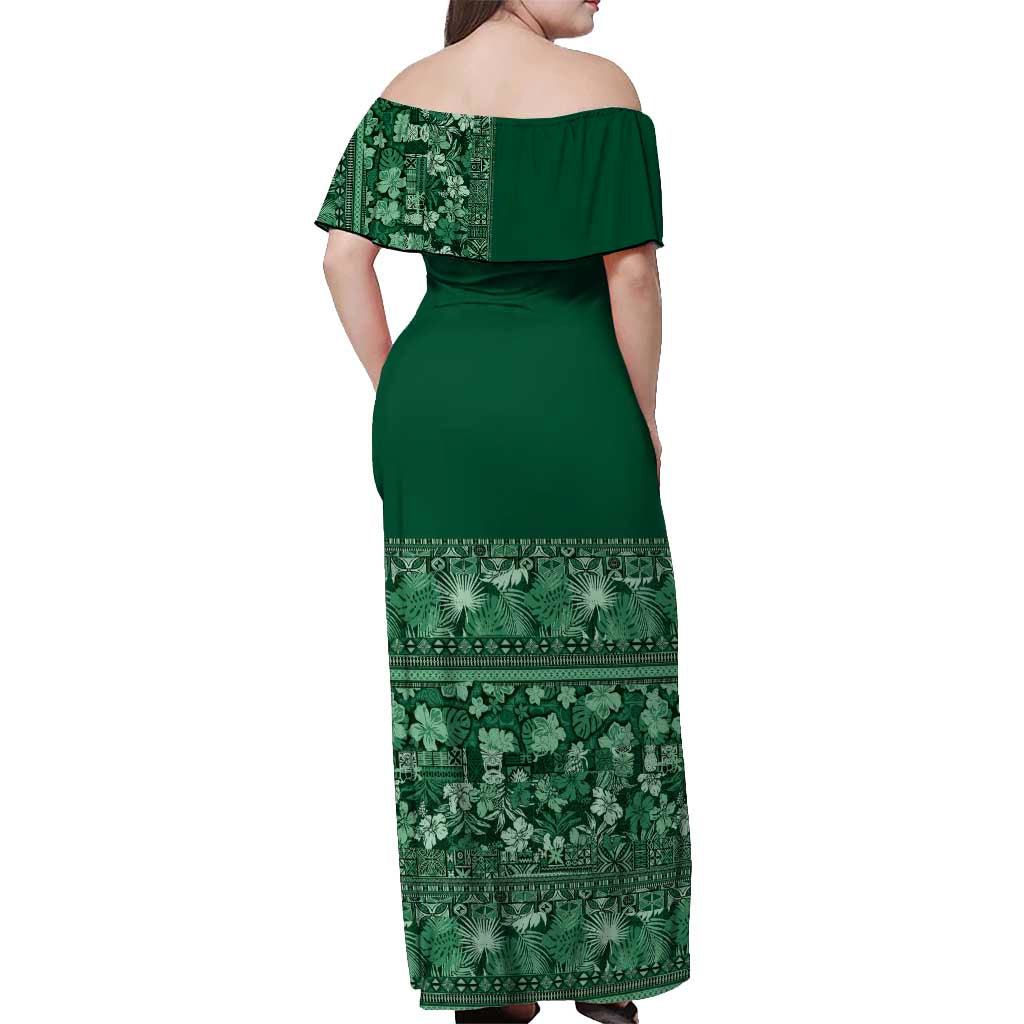 Hawaiian Tribal Elements Hibiscus Off Shoulder Maxi Dress Green Pattern - Polynesian Pride