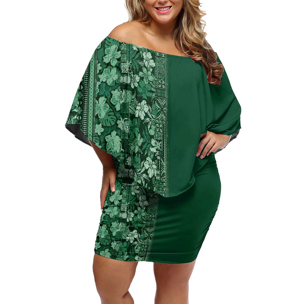 Hawaiian Tribal Elements Hibiscus Off Shoulder Short Dress Green Pattern - Polynesian Pride